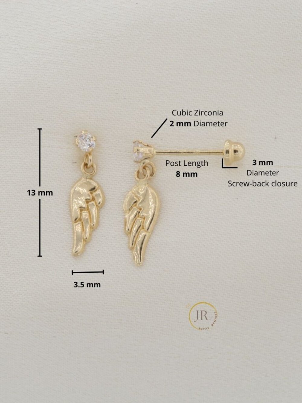 14K Solid Gold Angel Wing Dangle Earrings • Delicate Guardian Angel Drop Studs - Picture 3 of 4